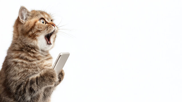 Smartphone shocked meme cat with copy space on white background  cat-meme_1449