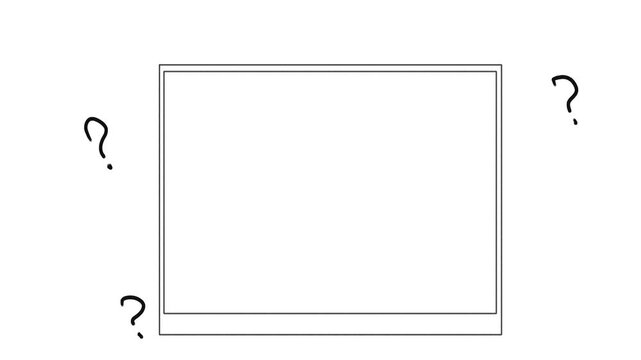 A blank photo or frame hangs on the screen, with question marks flickering around it.