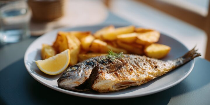 Sunlit grilled dorade fish roasted potato wedges lemon and rosemary on white plate cozy table setting