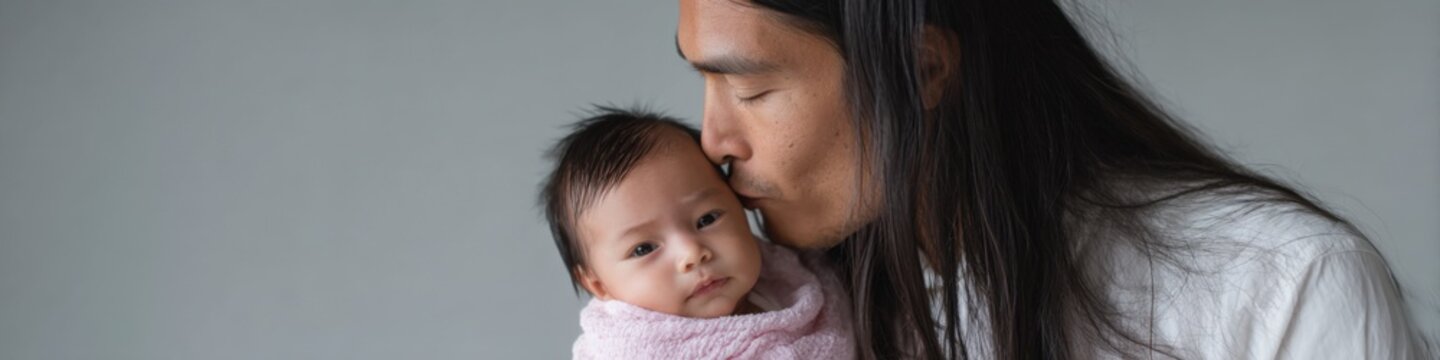Asian male adult baby newborn father kiss embrace horizontal crop gentle protective cuddle neutral backdrop family intimacy