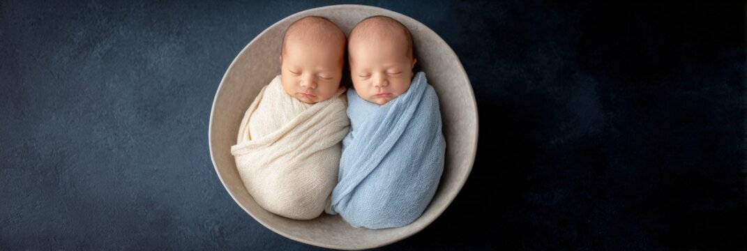 Caucasian male newborn twins swaddled cream blue blankets sleeping together in round bowl dark textured backdrop panoramic moody newborn scene