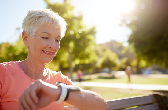 Senior woman checking her smartwatch in a park, Healthy aging and wearable technology concept