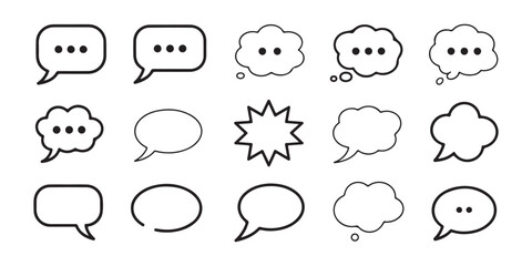 Fototapeta premium Set of minimalist outline speech bubbles with ellipses representing ongoing conversation or typing.