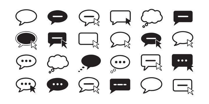 Interactive speech bubble icons with mouse cursor arrows for clicking and selecting online chat functionalities.