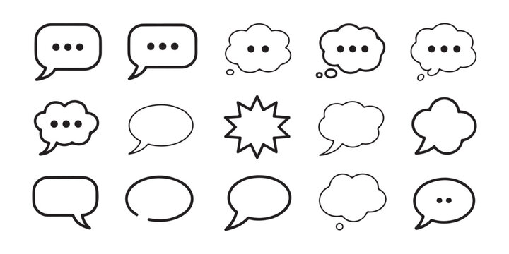 Set of minimalist outline speech bubbles with ellipses representing ongoing conversation or typing.