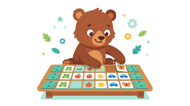Cute bear playing a matching game with animal and object cards, learning game