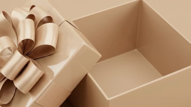 Glossy Beige Gift Box Open with Ribbon and Empty Interior Zoom in