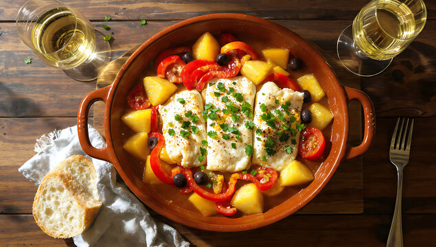 Top-Down Flat Lay Argentine Chup&iacute;n de Pescado - River Fish Stew with Potatoes and Peppers - Traditional Litoral Cuisine - Deep Focus Food Photography