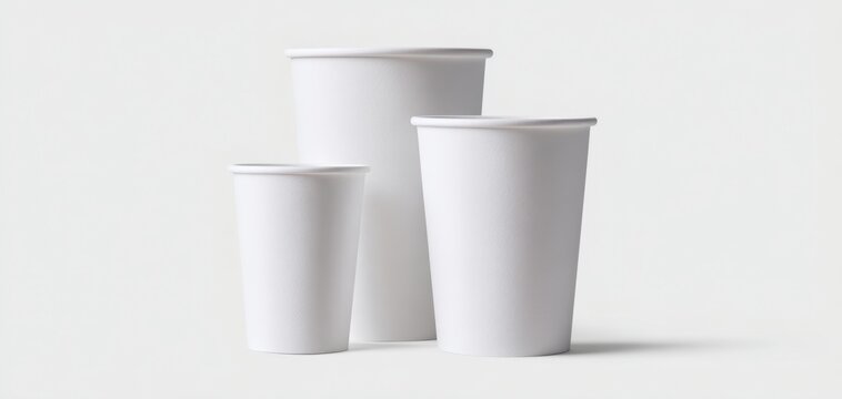 The Paper Cups Grouped on Minimal White Background for Eco Coffee Packaging Mockup
