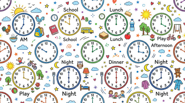 A colorful illustration of clocks and various objects representing daily activities for kids Ai, eps, jpg, transparent background, png