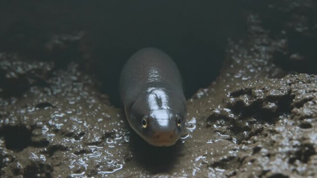 Curious snake peeking out of muddy burrow in dark natural environment