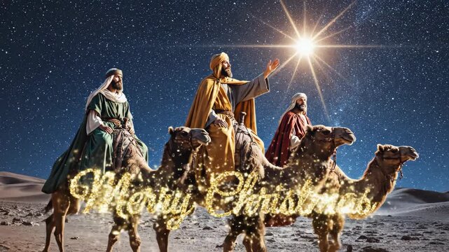 Three wise men riding camels through a desert night landscape under a shining star as Merry Christmas text appears. Biblical journey concept.
