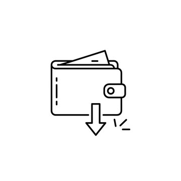 Wallet with down arrow icon, expenses and money spending concept isolated on transparent background