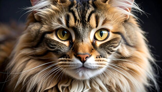 A regal feline gazes directly at the viewer. Detailed fur, amber eyes, and a striking facial pattern against a blurred backdrop