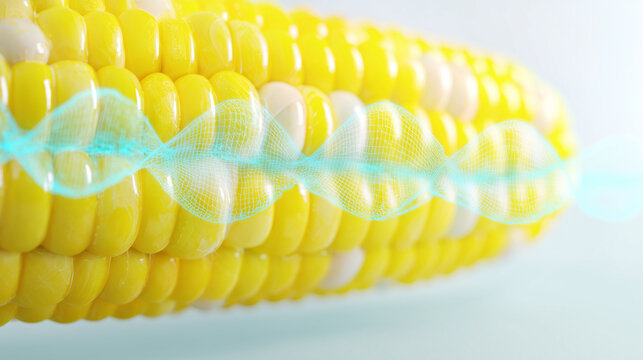 Macro photography of yellow corn with glowing blue digital DNA wave hologram, biotechnology concept