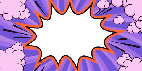 vector comic star banner with blank center over purple radial background with clouds and dynamic splash lines. Starburst vector banner with energetic comic effect for posters and promo graphics © ✦ Bizarre Factory ✦