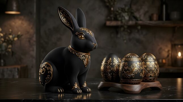 A black and gold Easter bunny and eggs on a table