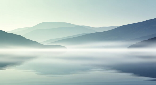 Serene landscape of misty lake at sunrise with layered mountain silhouettes creating calm atmospheric background for meditation and wellness projects