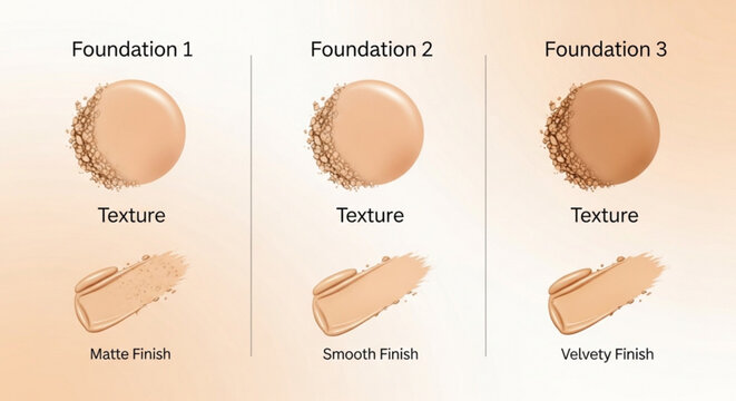 Cosmetic foundation texture comparison chart showing matte smooth and velvety finishes with powder and liquid swatches for professional makeup education