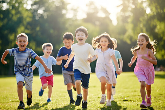 Group of happy children running in sunny park, smiling kids playing outdoors, active lifestyle, friendship and carefree childhood concept for childrens day