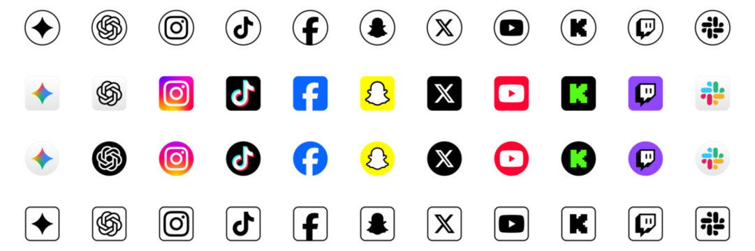 social media icon set or social network logos , Facebook, instagram, x, youtube, snapchat, tiktok, twitch, kick, logo, vector icon . ai apps: chatgpt, google gemini, logo, icons