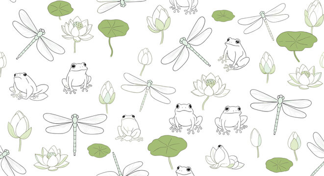 Seamless pattern of hand-drawn frogs, dragonflies, and lily pads on a white background creating a nature-inspired design.