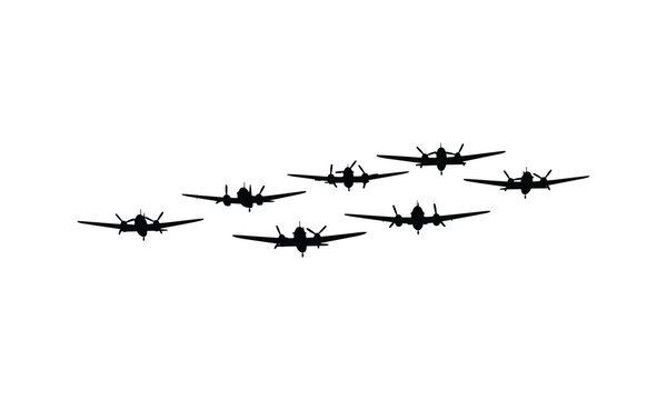 Military bomber planes flying in formation silhouette illustration: vector line art group.