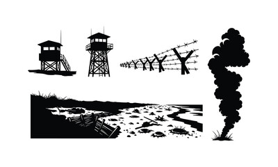 Fototapeta premium Military watchtowers barbed wire battlefield scene black silhouette vector illustration.
