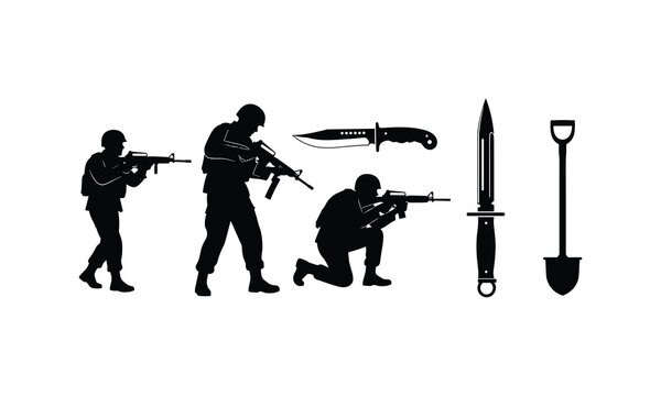 Soldier combat silhouettes with rifle knife and shovel tools vector illustration line art.