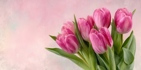 Obraz premium The tulip bouquet on pastel backdrop showcasing pink spring flowers and fresh green leaves