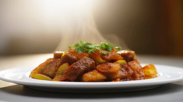 Savory Meat With Vegetable Accompaniments. Tender Beef Served With Roasted Potatoes And Garnishes