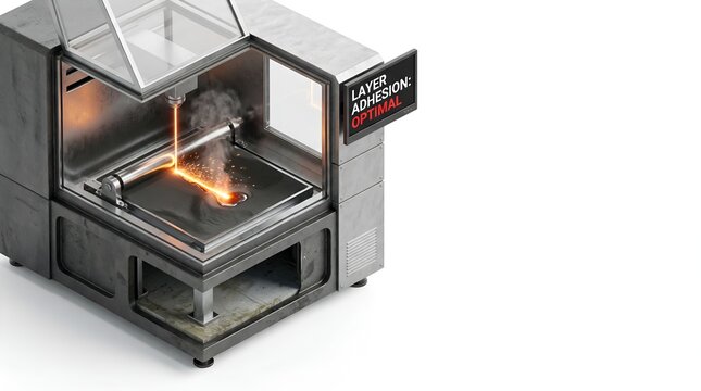 3D isometric industrial metal PBF printer with laser and copy space