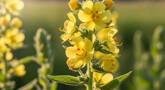 Vibrant Yellow Mullein Flowers Blooming in Sunlight.
