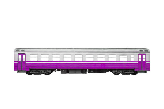 Passenger violet rail train car isolated on transparent background.