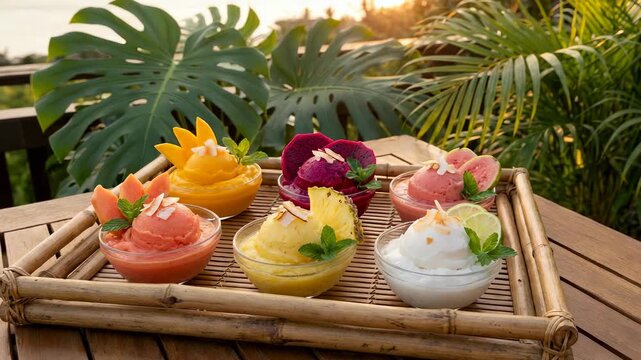 Vibrant tropical sorbets displayed in glass bowls on a bamboo tray, set against lush greenery and a beautiful sunset, creating a refreshing outdoor atmosphere