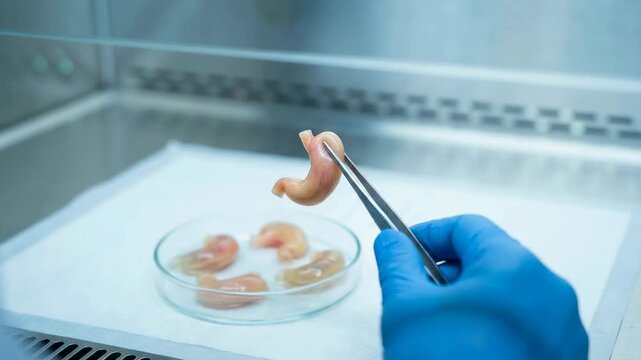 Laboratory technician in blue gloves carefully lifts a specimen from a petri dish filled with biological samples in a sterile lab setting