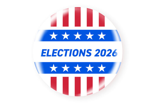 Realistic round vote badge with American flag. USA election voting sticker for 2026 midterm election. Responsible voting symbol, vector illustration.