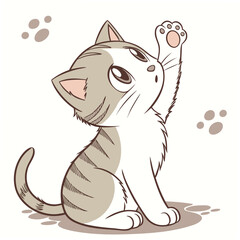 Cartoon of a white and brown cat with one paw raised feline © Marjan
