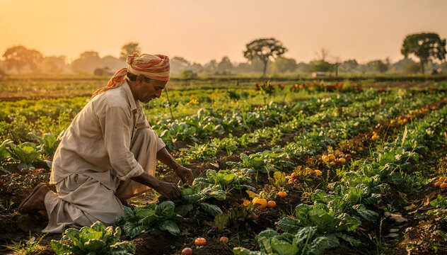 Diligent elder gardener cultivate fresh organic vegetables on a bountiful farm field at sunrise, showcasing dedication and sustainable agriculture practices