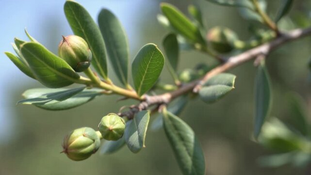 Close up of green caper buds on a branch with leaves, Mediterranean plant