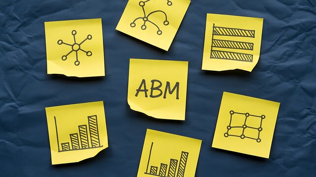 Yellow sticky notes, business strategy, ABM, marketing planning, finance icons