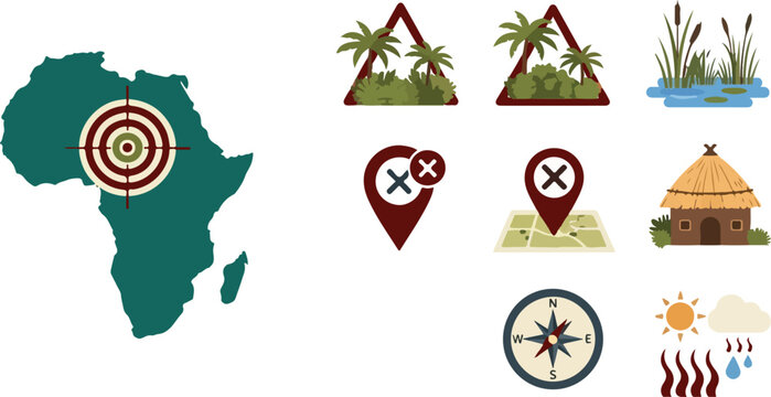 Africa map target with environmental icons like wetlands jungle huts and compass for geographical research and analysis.