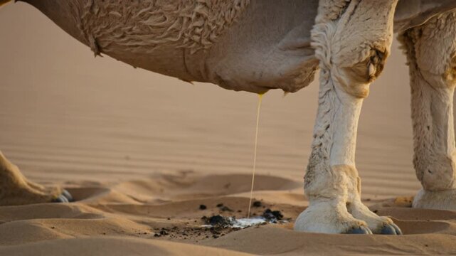 Camel udders with milk dripping onto desert sand, close-up, arid landscape