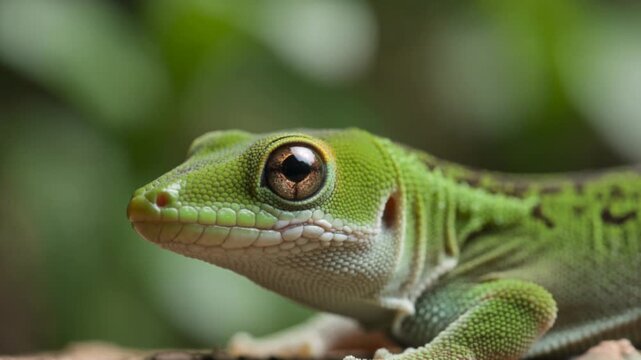 Close-up of a vibrant green gecko with large eyes, perched on a branch.