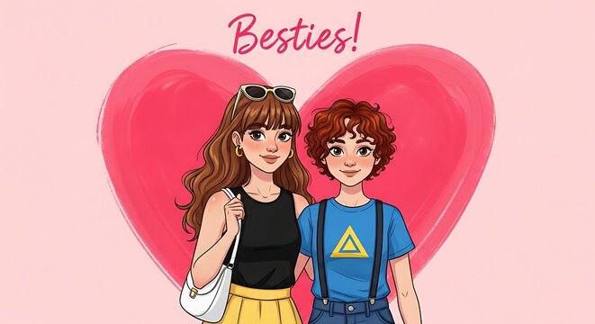 Two best friends standing in front of a large pink heart on a light pink background with the word besties written above them