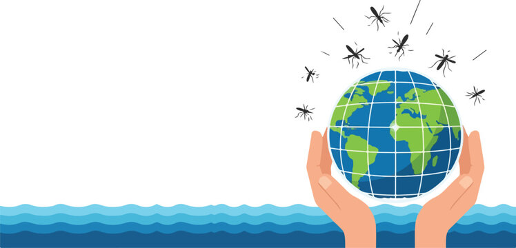 Hands holding earth globe surrounded by mosquitoes over blue waves symbolizing global disease spread and health awareness.
