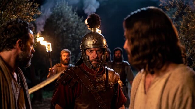 Judas iscariot betraying Jesus Christ with a kiss in Gethsemane garden. Biblical scene of betrayal during the arrest of savior. Dramatic reenactment of holy scripture gospel event.