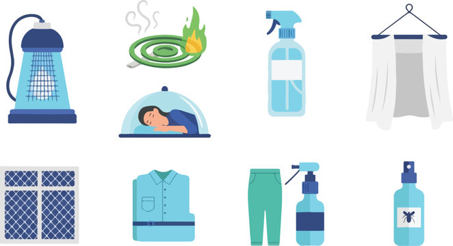 Mosquito protection elements including repellent spray bed net zapper and sleeping person under dome for safety.