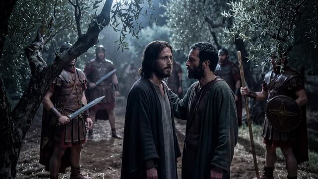 Judas iscariot betraying Jesus Christ with a kiss in Gethsemane garden. Biblical scene of betrayal during the arrest of savior. Dramatic reenactment of holy scripture gospel event.