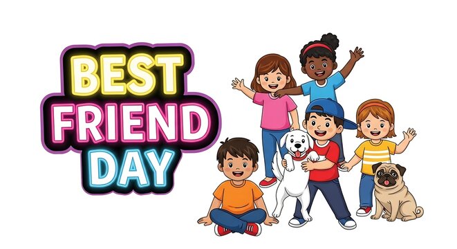 A vibrant illustration celebrating best friend day with diverse children and their dogs isolated on white background